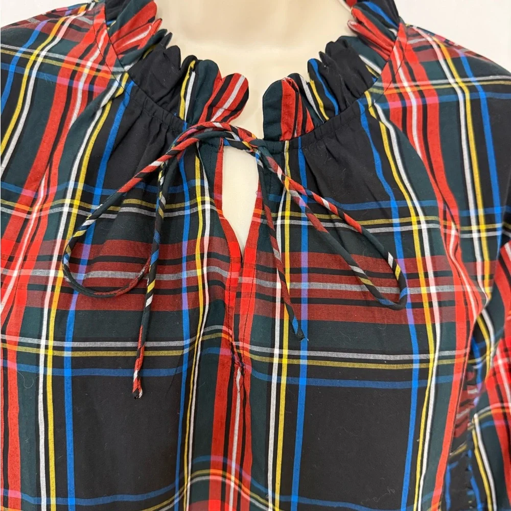 J.Crew Stewart Tartan Plaid Tie Neck Ruffle Blouse Top XS